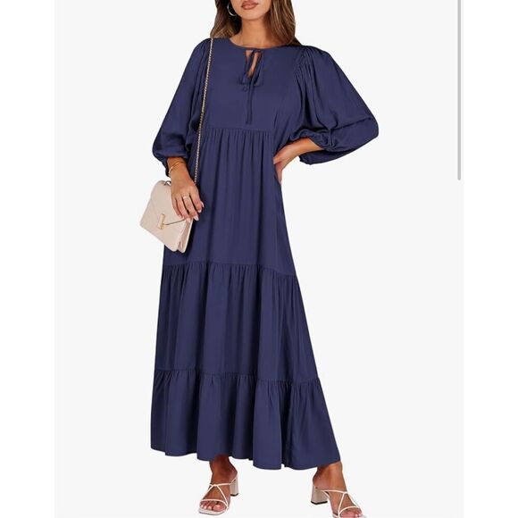NEW Blue V Neck Puff Sleeve Flowy Swing Casual Maxi Dress S - Picture 1 of 6